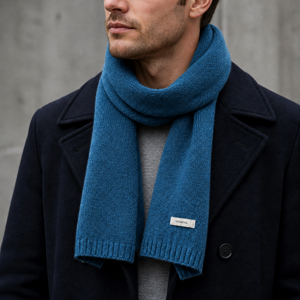 Écharpe chaude homme en maille de laine coloris bleu, portée par un homme