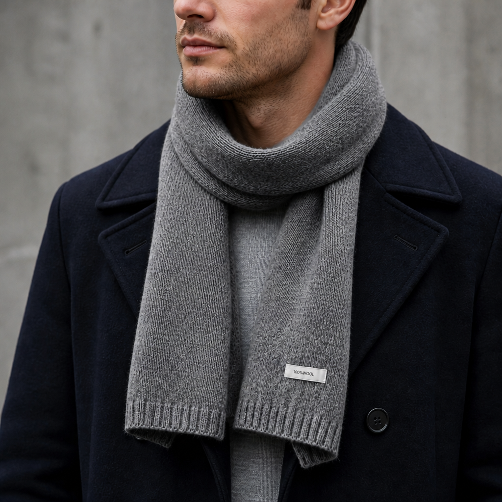 Écharpe chaude homme en maille de laine coloris gris, portée par un homme
