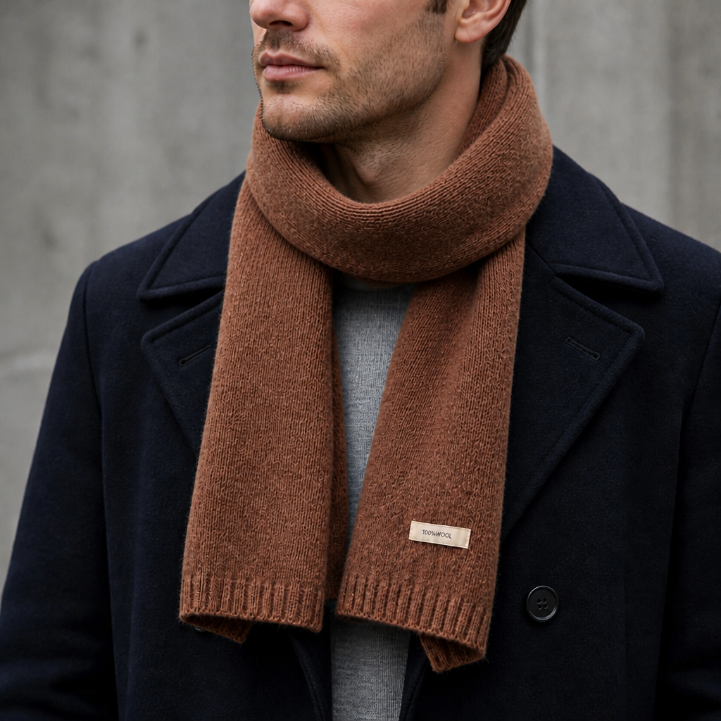 Écharpe chaude homme en maille de laine coloris marron, portée par un homme