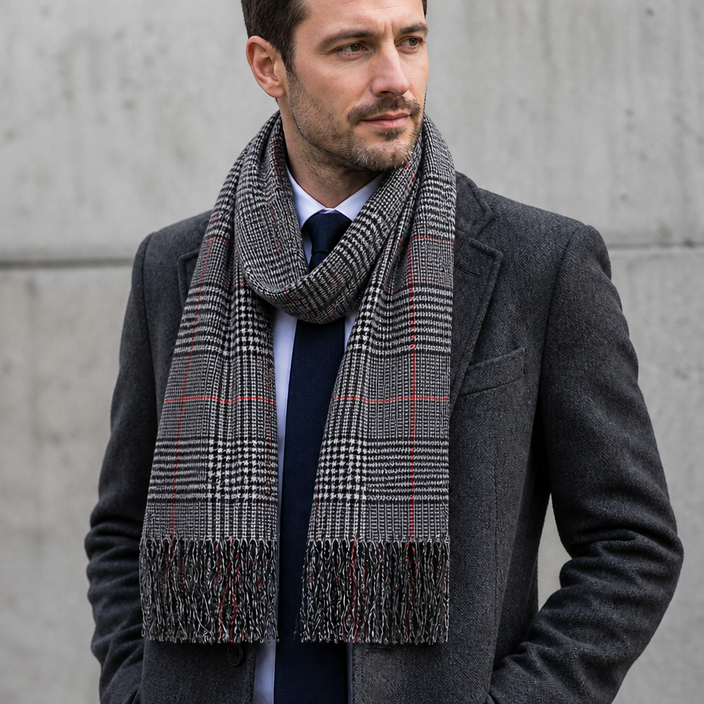 Des Finitions Exemplaires - Écharpe Classe Homme à Carreaux Discrets et Franges