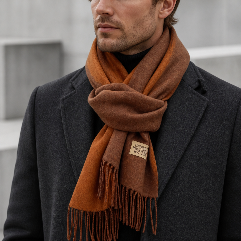 Écharpe douce homme double face bicolore coloris cognac, portée par un homme