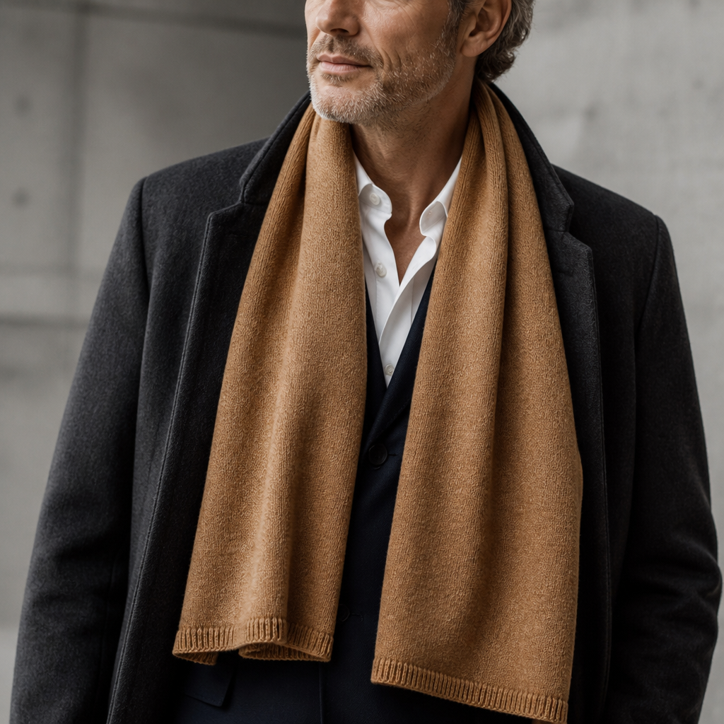 Écharpe en cachemire homme grande largeur coloris camel, portée par un homme