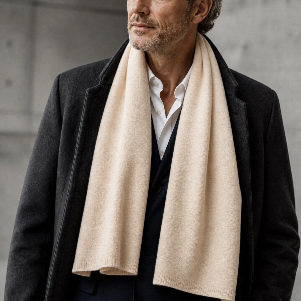 Écharpe en cachemire homme grande largeur coloris écru, portée par un homme