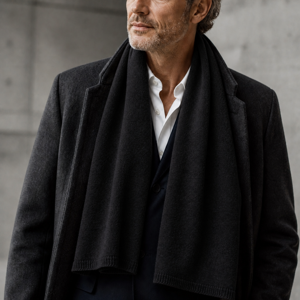 Écharpe en cachemire homme grande largeur coloris noir, portée par un homme