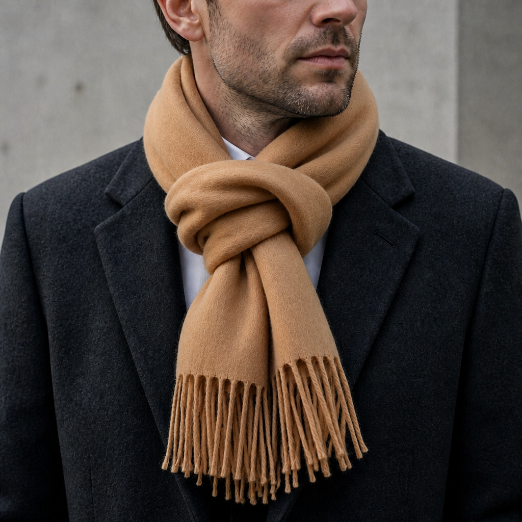 Écharpe en laine homme à franges coloris camel, portée par un homme