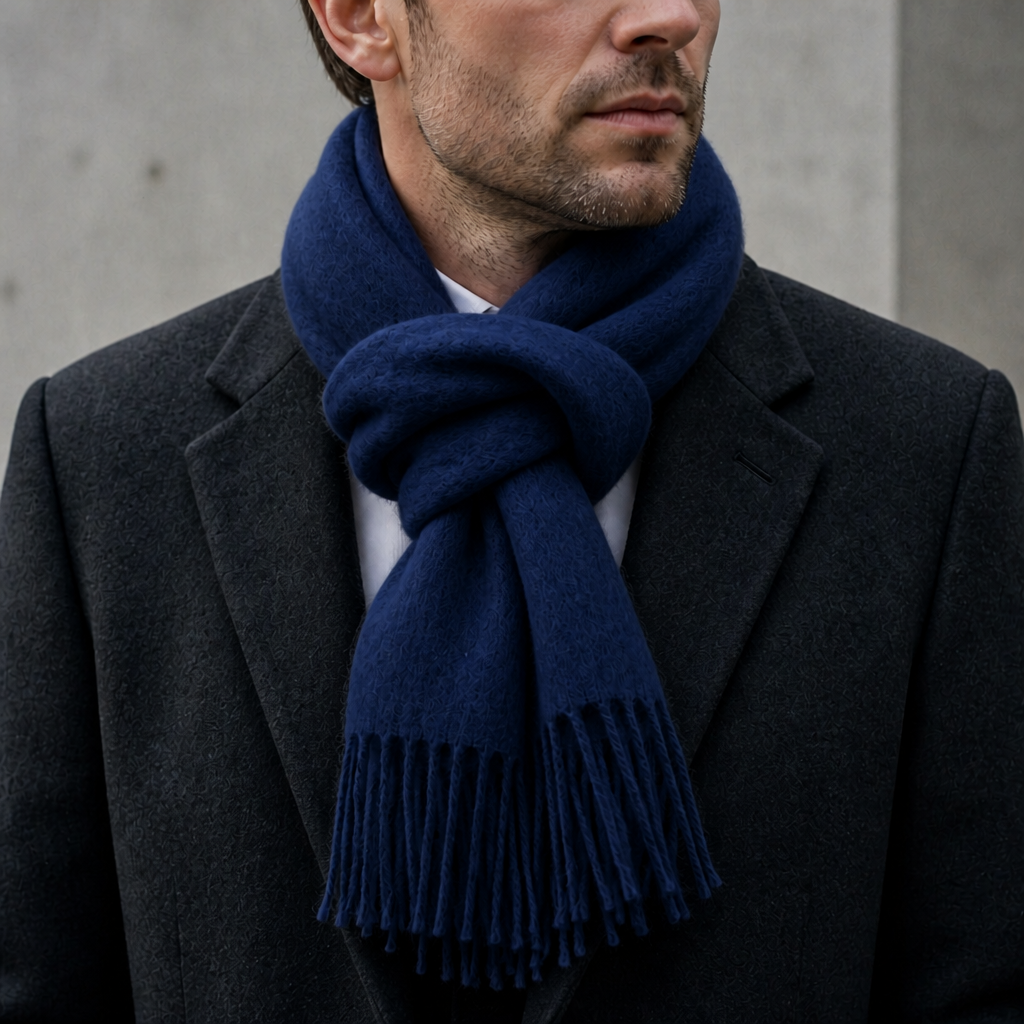 Écharpe en laine homme à franges coloris marine, portée par un homme