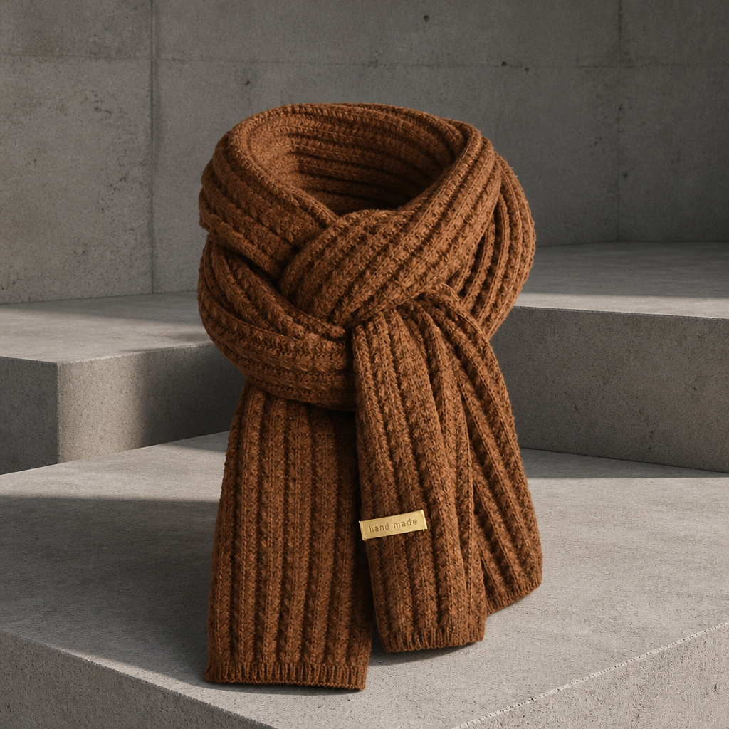Écharpe épaisse homme en grosse maille côtelée, coloris cognac