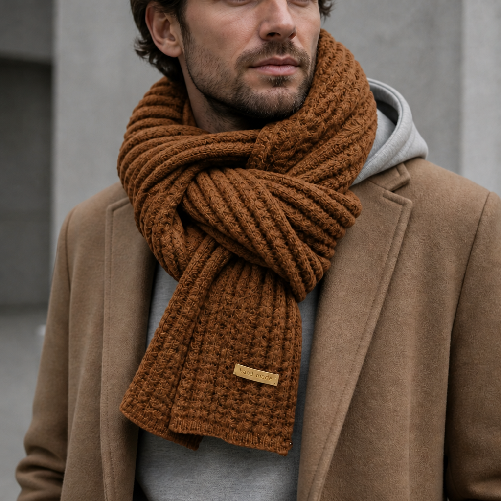 Écharpe épaisse homme en grosse maille côtelée coloris cognac, portée par un homme