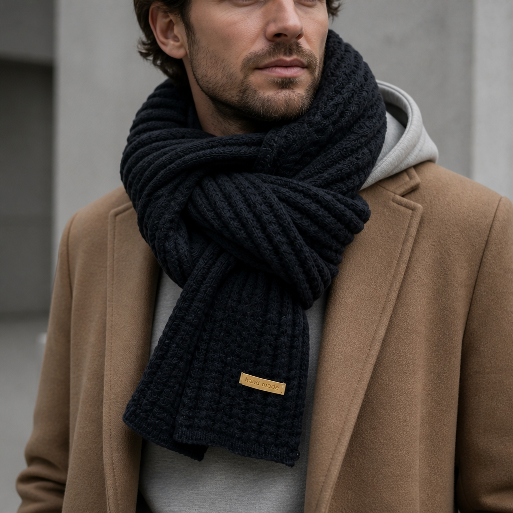 Écharpe épaisse homme en grosse maille côtelée coloris noir, portée par un homme