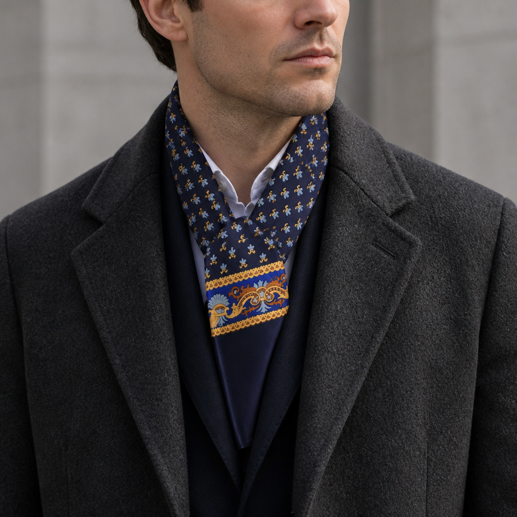 Écharpe Fine Homme en Velours à Motifs Classiques coloris marine, portée par un homme