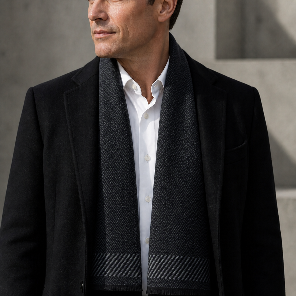 Écharpe hiver homme en jacquard brossé coloris gris foncé, portée par un homme