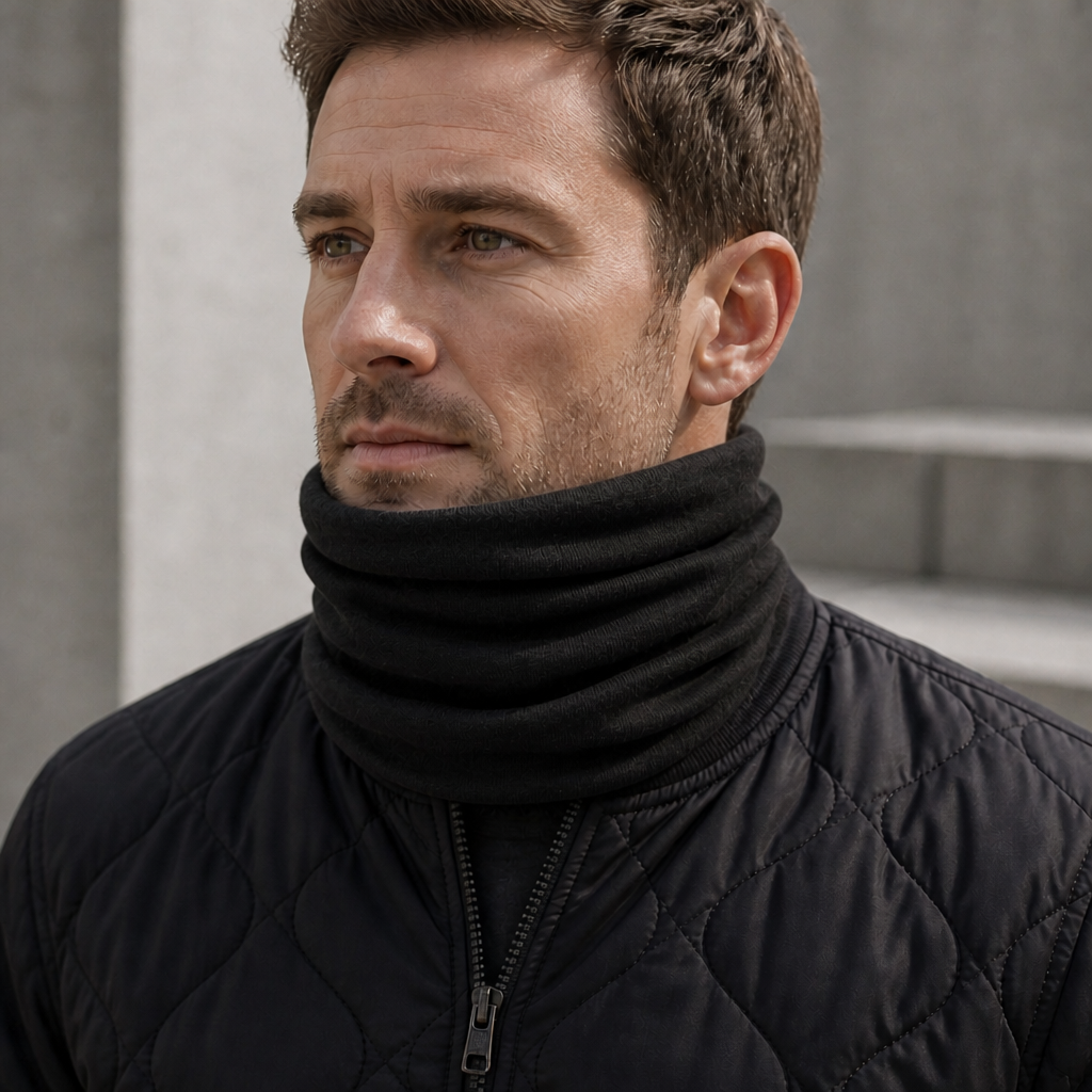 Écharpe Tube Homme en Coton coloris noir, portée par un homme