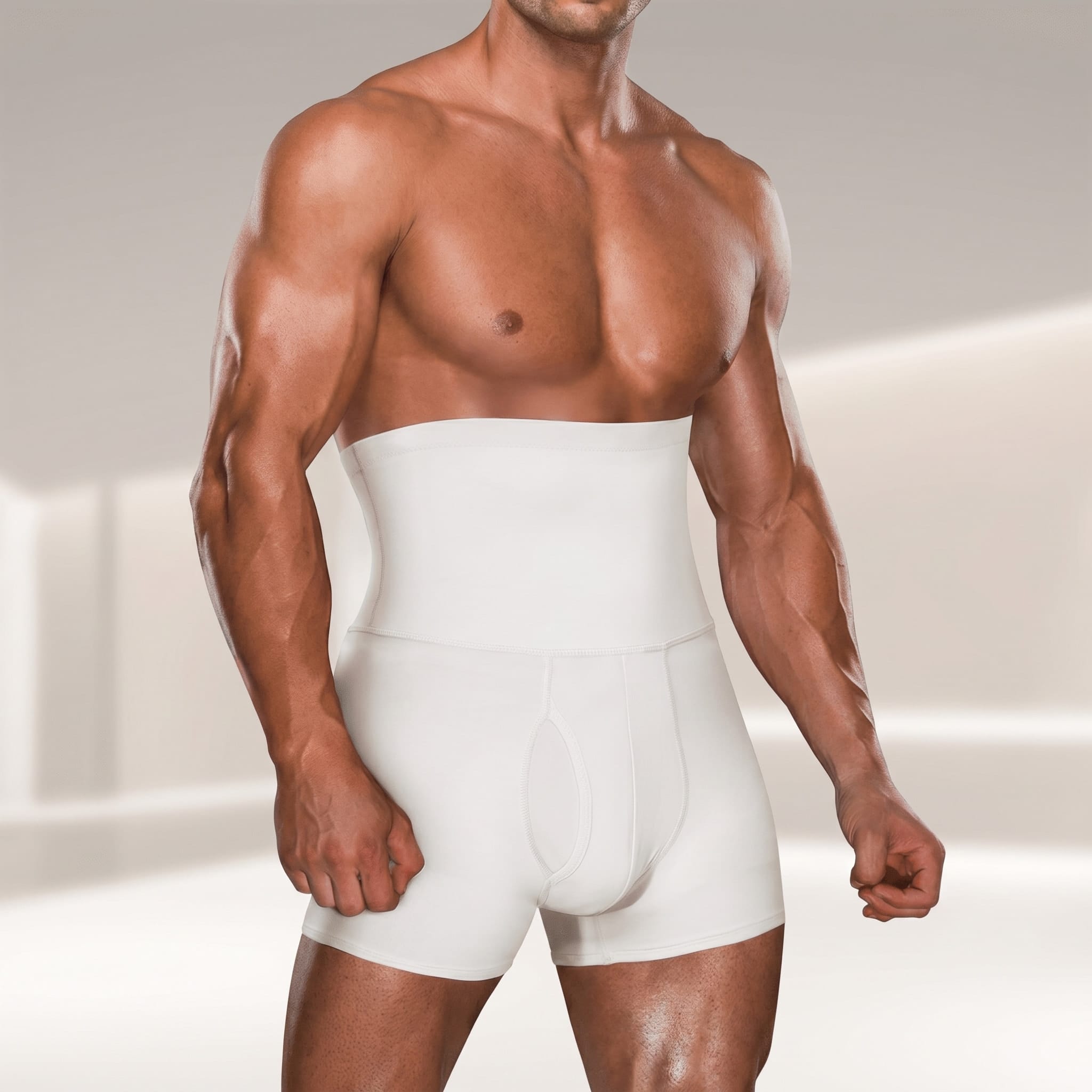 Gaine homme ventre plat blanche portée par un modèle avec effet gainant immédiat
