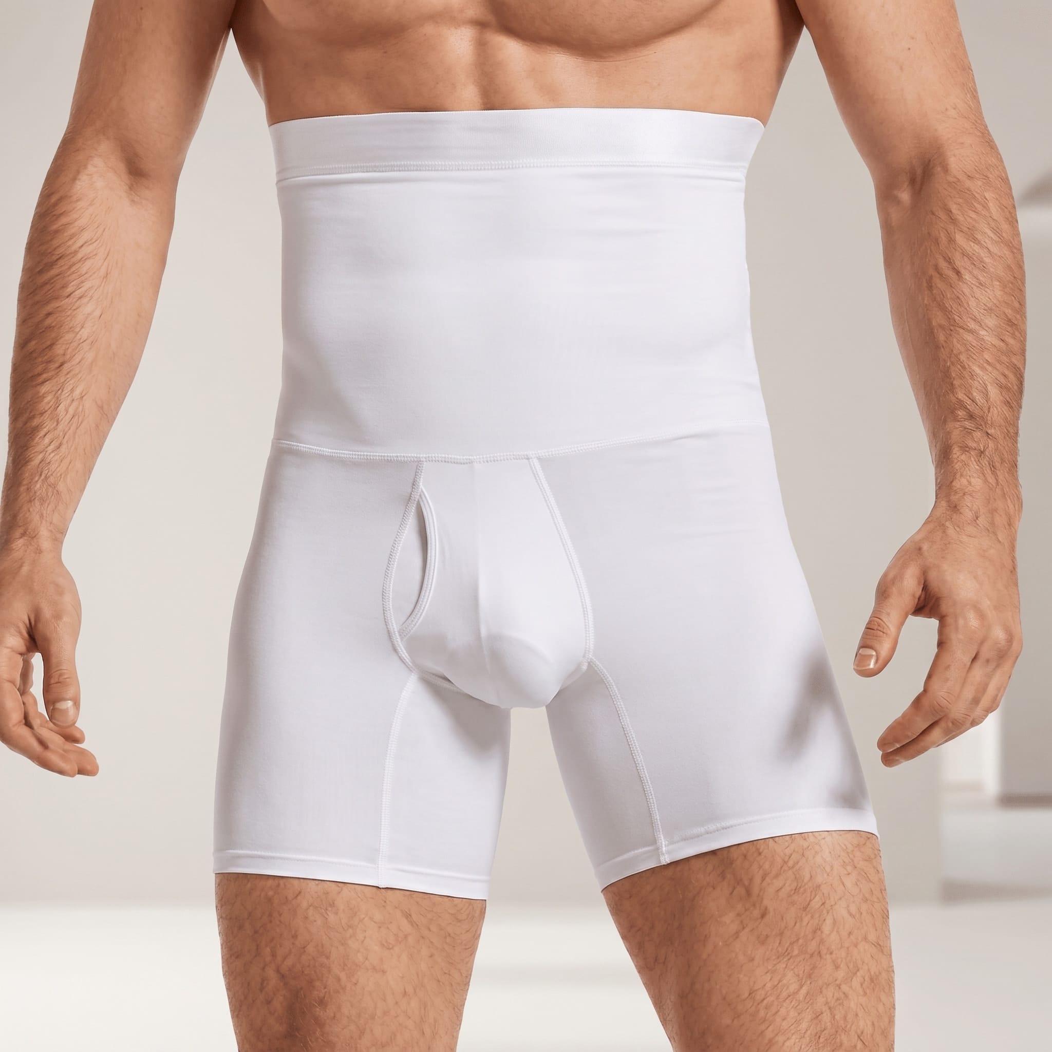Gaine homme ventre plat blanche version longue cuisses avec maintien abdominal
