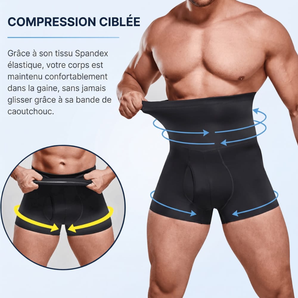 Gaine homme ventre plat compression ciblée abdomen et jambes grâce au tissu Spandex élastique