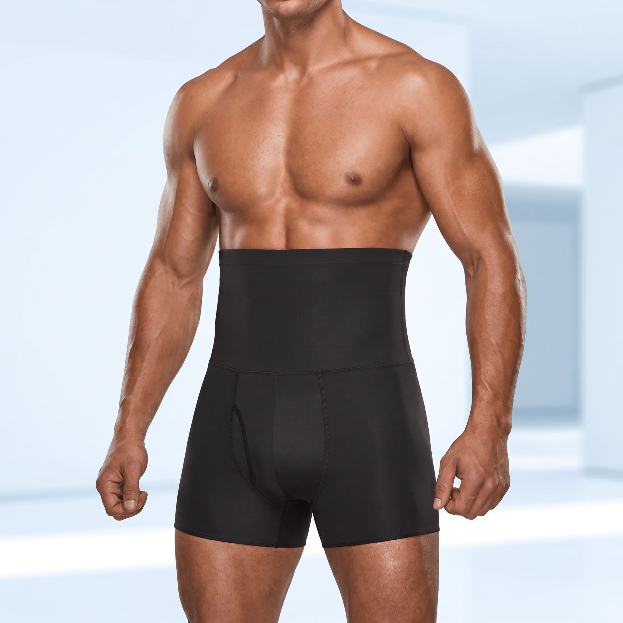 Gaine homme ventre plat noire portée par un modèle pour une silhouette affinée