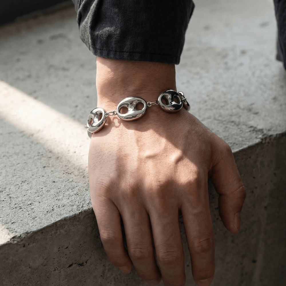 Bracelet gourmette argent homme graine de café acier inoxydable