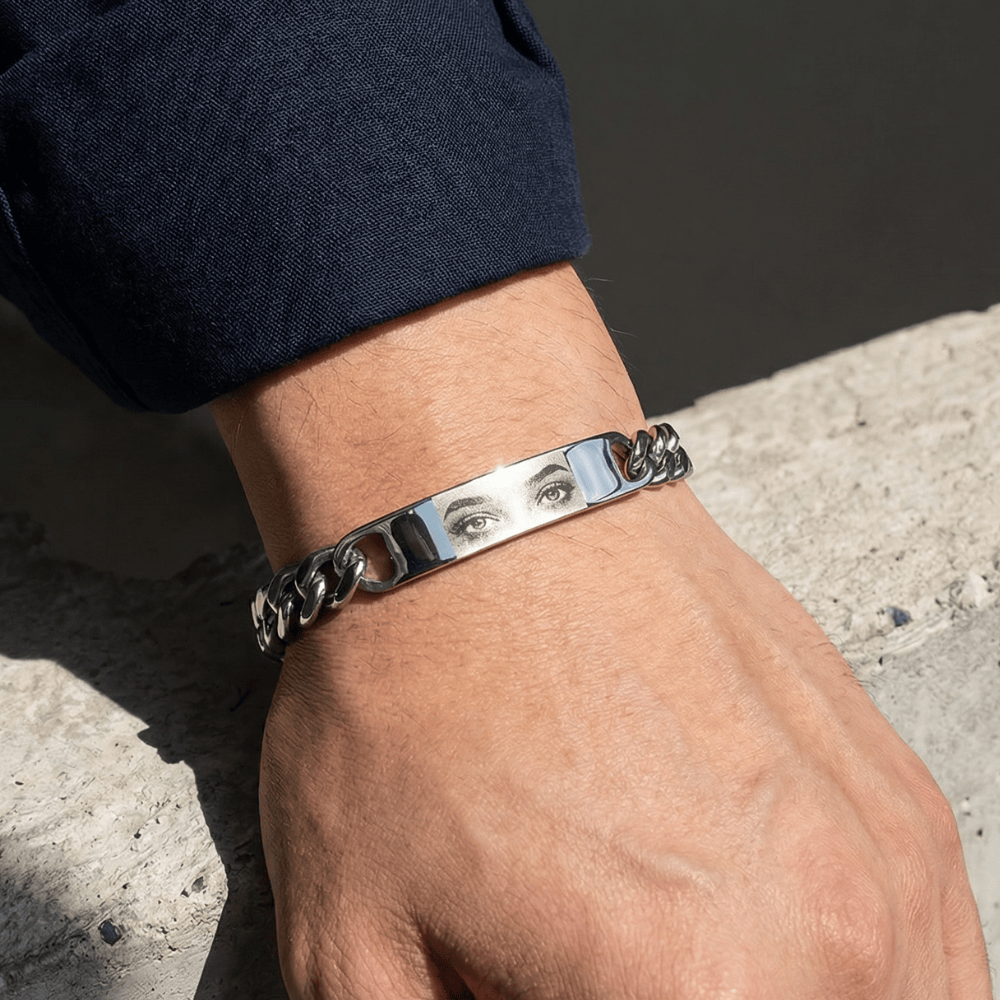 Bracelet gourmette homme gravure yeux argent acier inoxydable