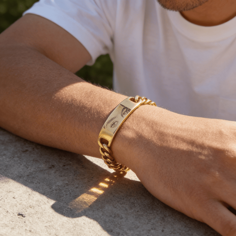 Gourmette homme gravée or gravure yeux bracelet acier inoxydable