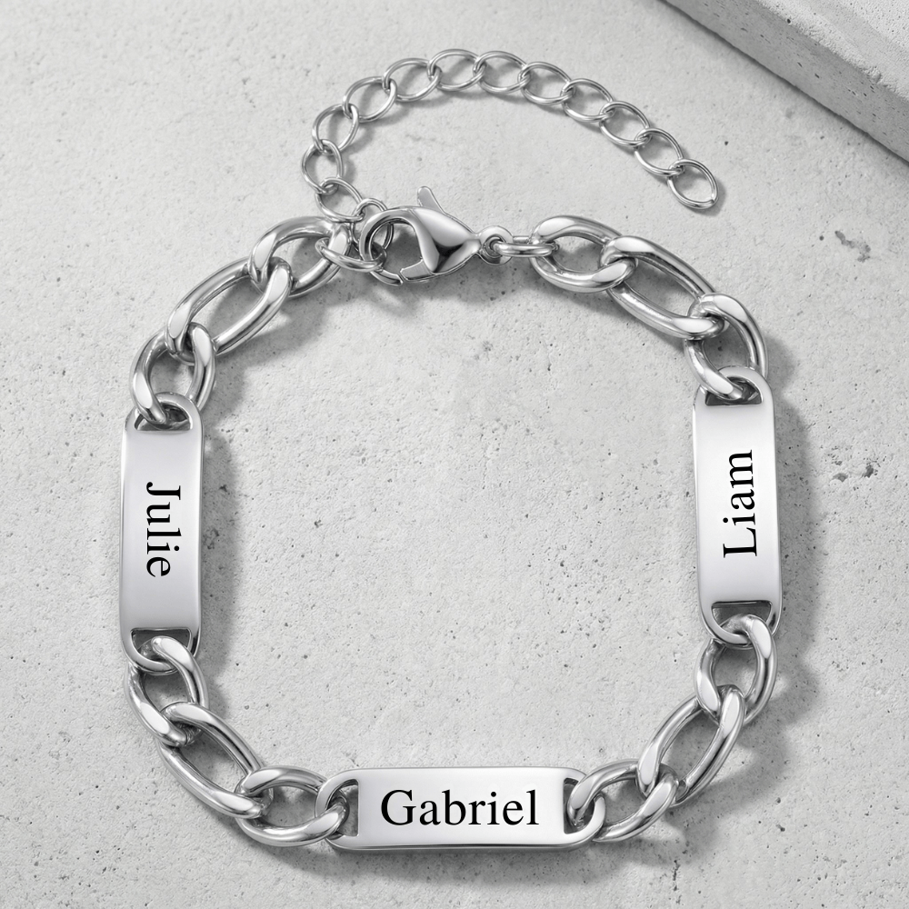 Gourmette homme argent 3 prénoms gravés acier inoxydable