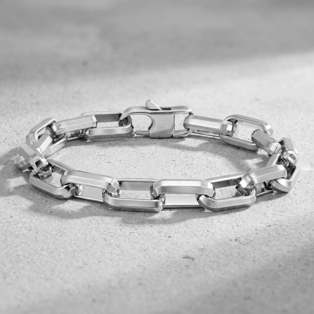 Bracelet gourmette homme argent maillons rectangulaires acier