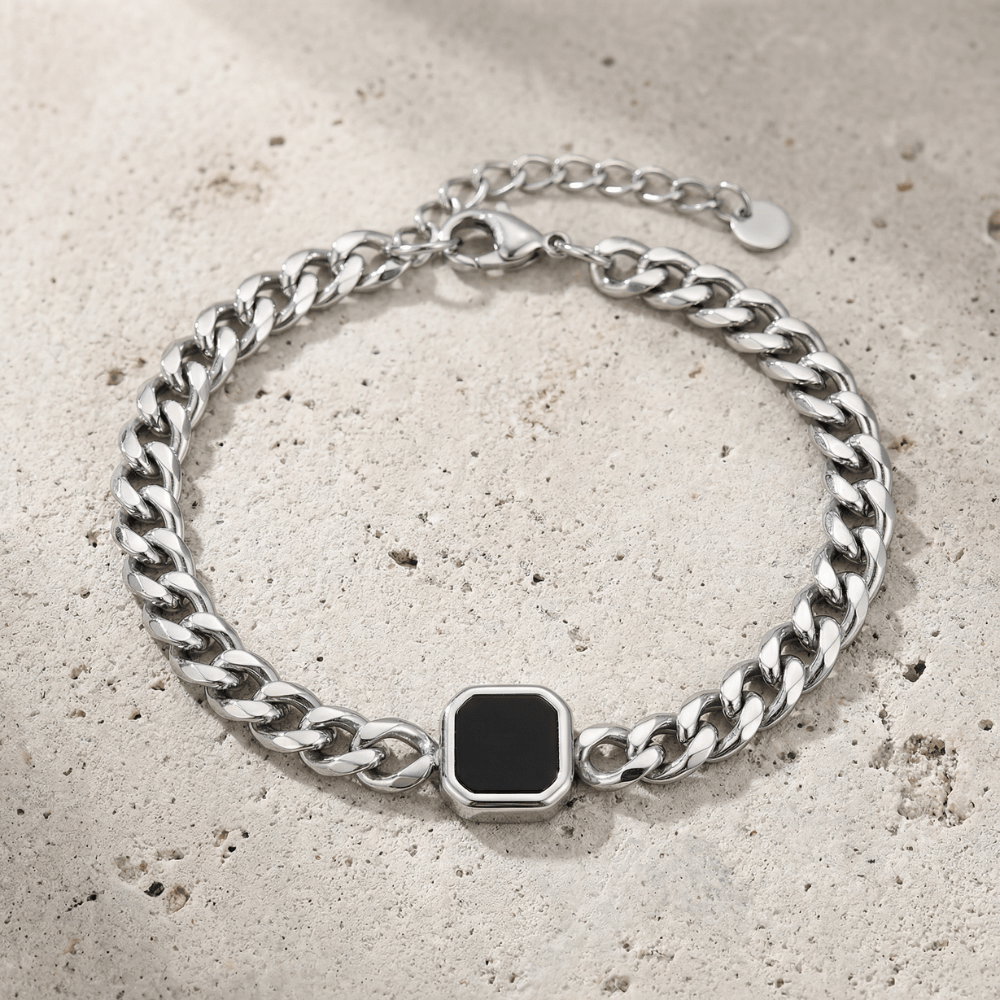 Bracelet gourmette homme argent pierre noire acier inoxydable