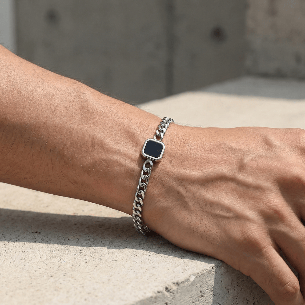 Gourmette homme argent pierre noire bracelet acier inoxydable