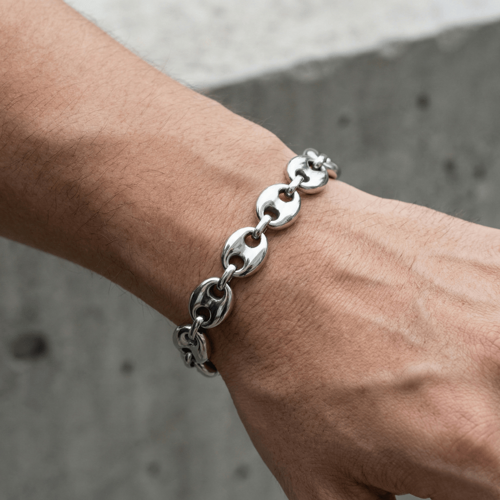 Bracelet gourmette homme argent grain de café acier