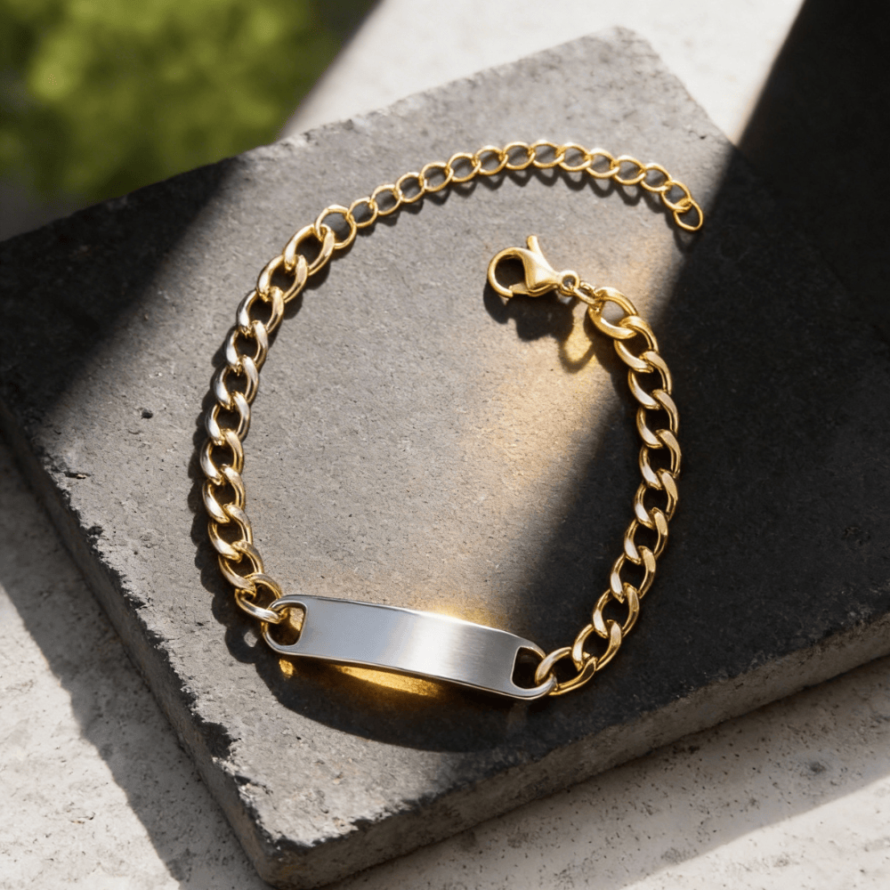 Bracelet homme gourmette gravée or plaque acier inoxydable