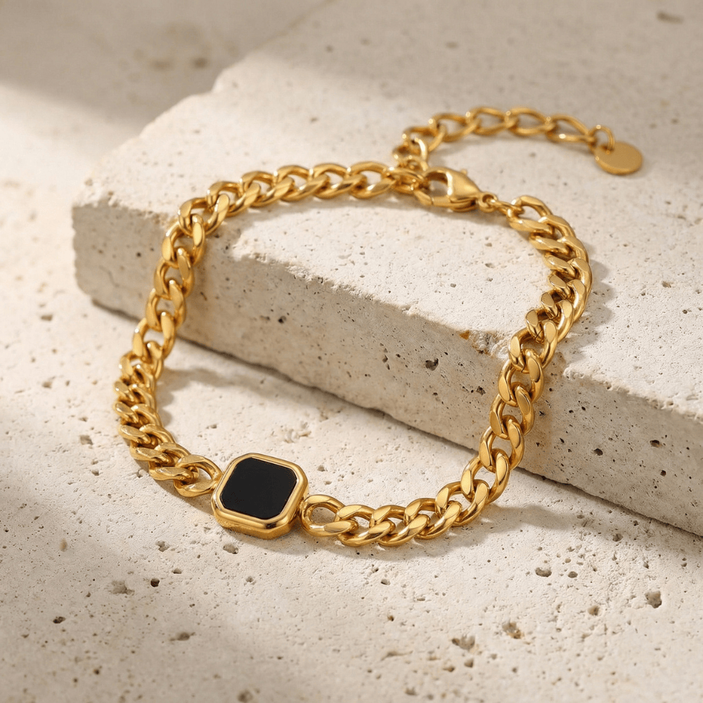 Bracelet gourmette homme or pierre noire maille cubaine