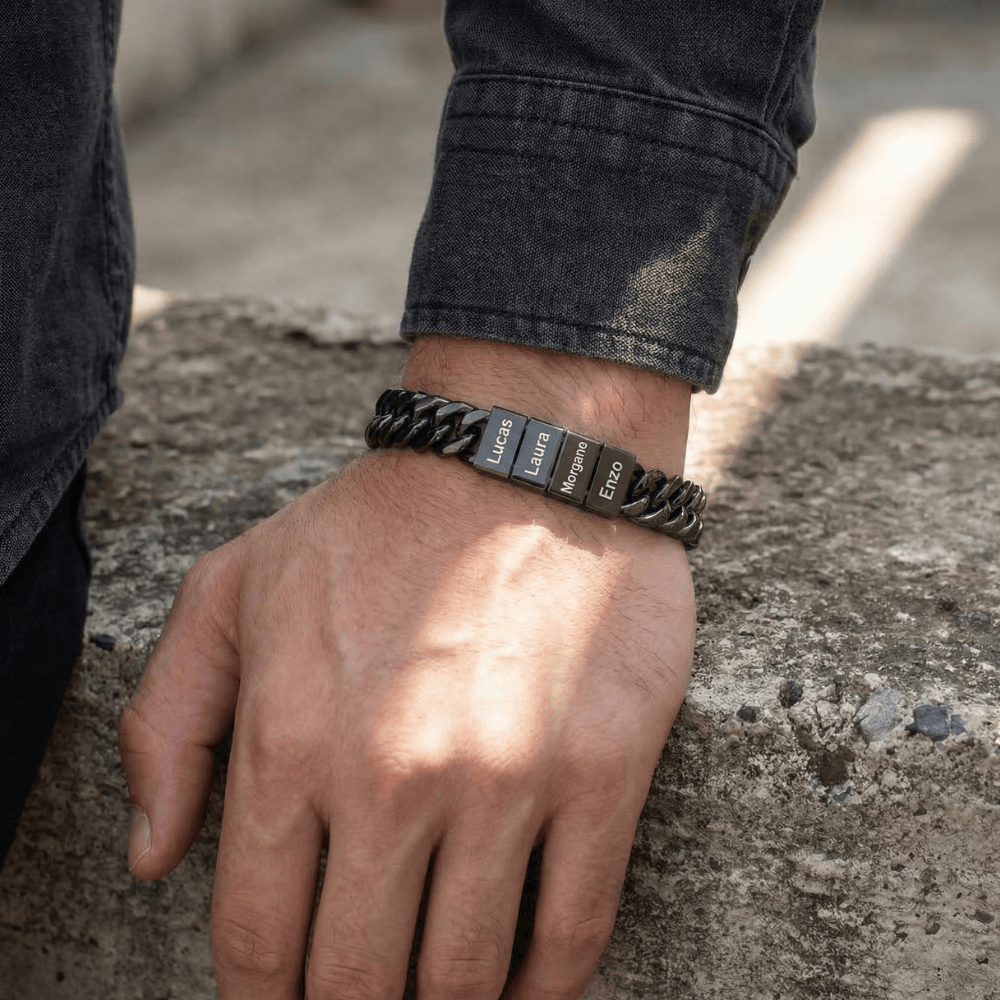 Gourmette homme personnalisable noir bracelet acier inoxydable prénom