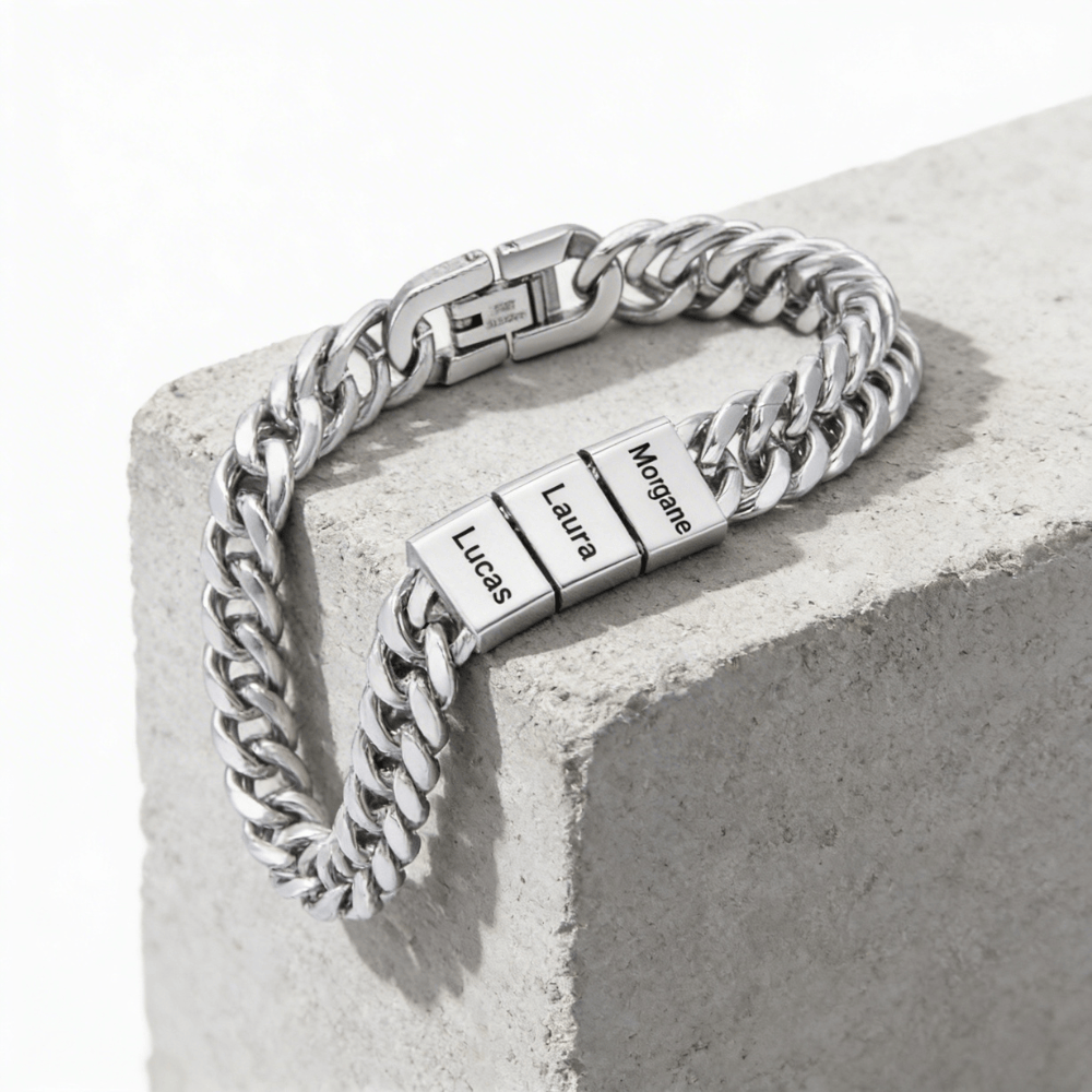 Gourmette personnalisable homme argent acier inoxydable bagues prénoms