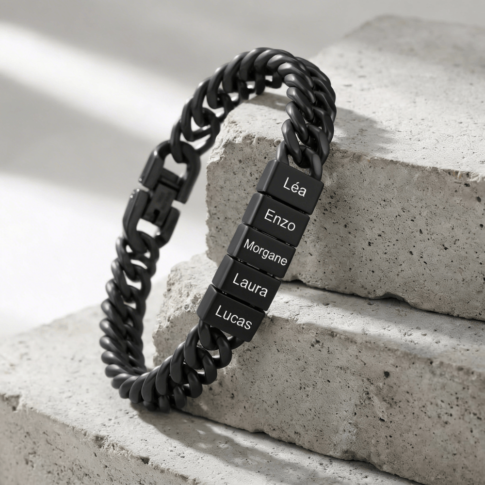 Gourmette noir homme personnalisable prénoms acier inoxydable