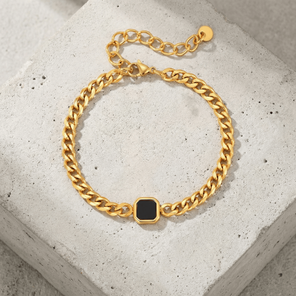 Gourmette homme pierre noire or acier inoxydable maille cubaine