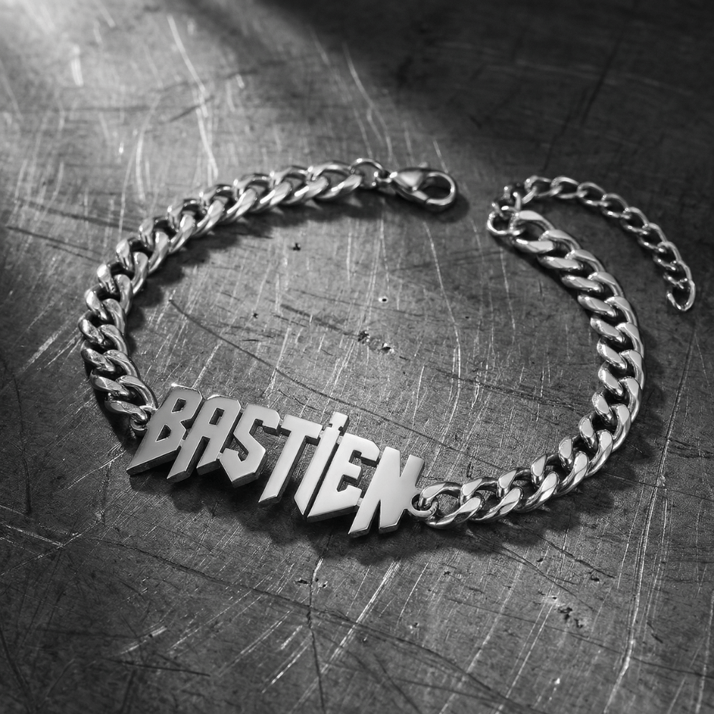 Gourmette personnalisée homme argent prénom découpé acier inoxydable