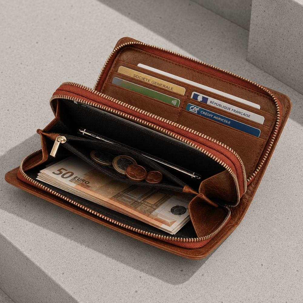 Grand portefeuille cuir homme compartiment billets monnaie zippe
