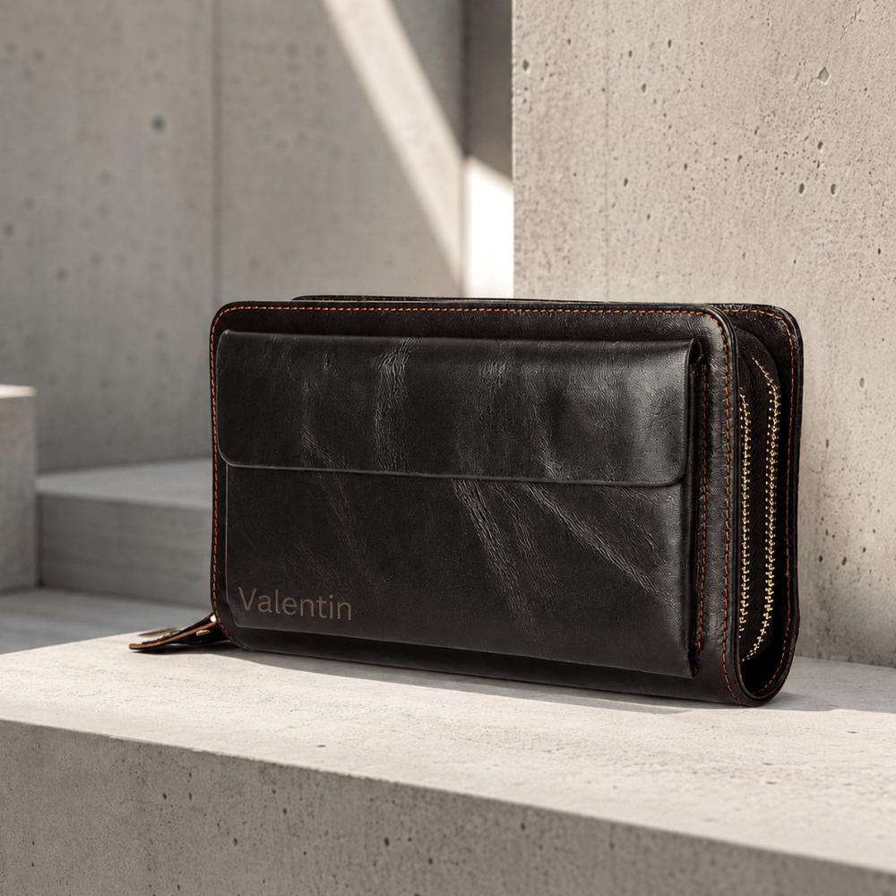 Grand portefeuille homme cuir personnalise marron zippe gravure