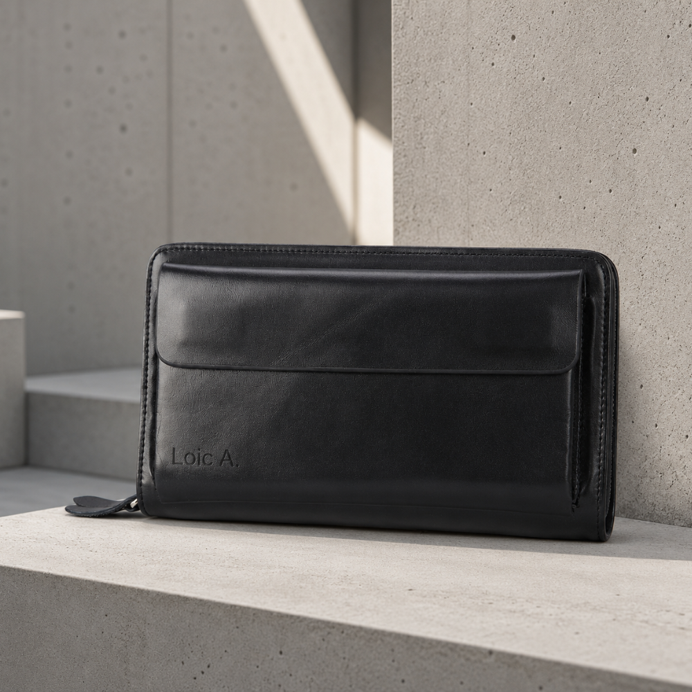 Grand portefeuille homme cuir personnalise noir zippe gravure prenom