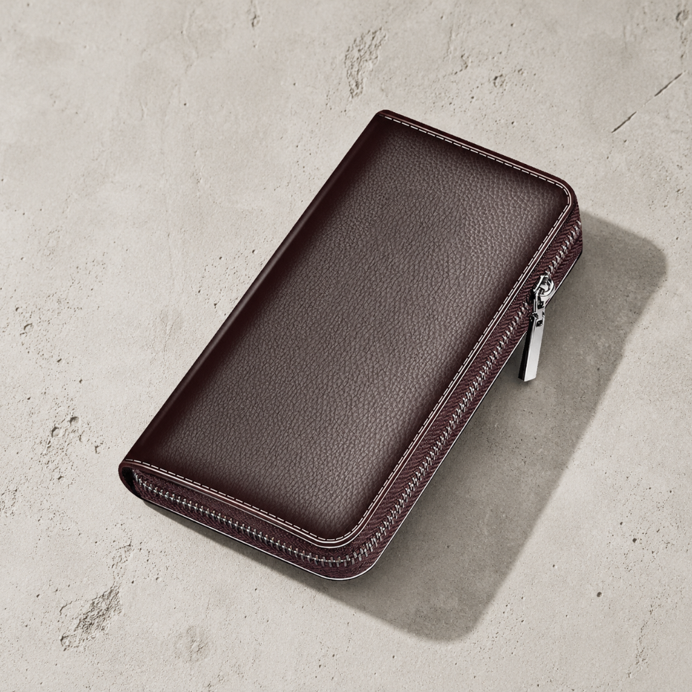 Grand portefeuille zippé homme marron foncé, similicuir grainé grande capacité