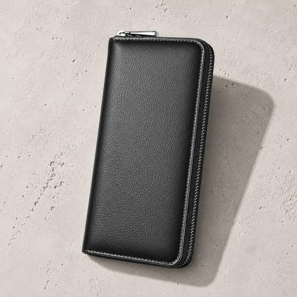 Grand portefeuille zippé homme noir, fermeture éclair intégrale