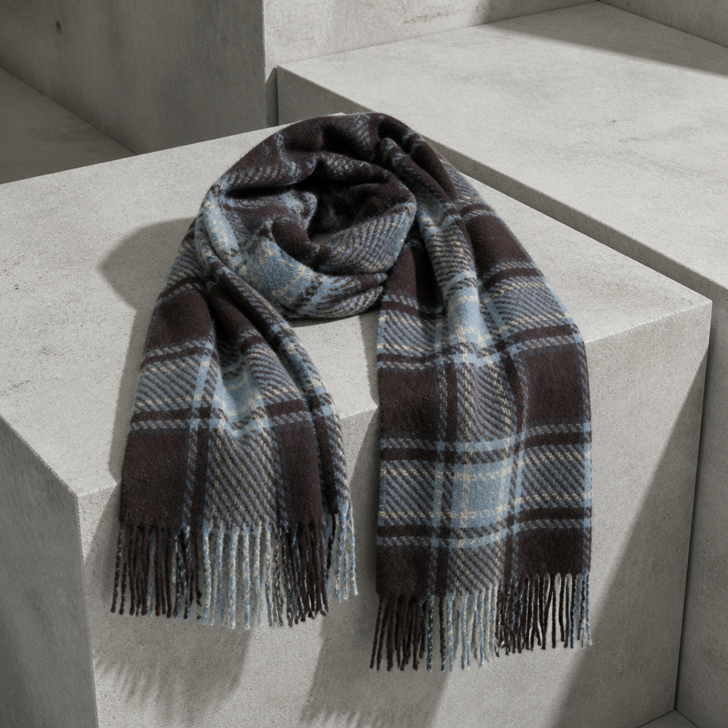 Grande Écharpe Homme à Carreaux Tartan et Franges, coloris marron