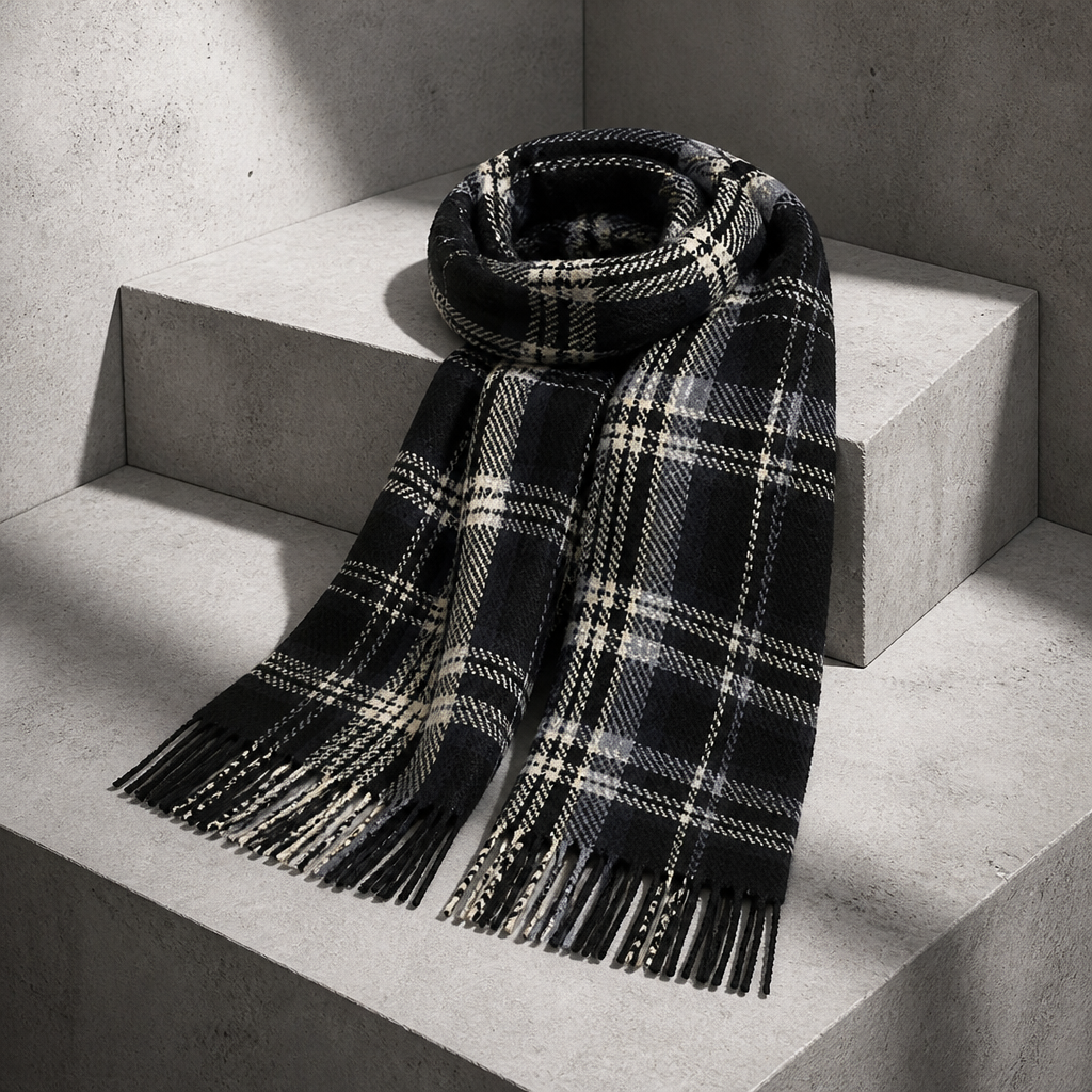 Grande Écharpe Homme à Carreaux Tartan et Franges, coloris noir et blanc