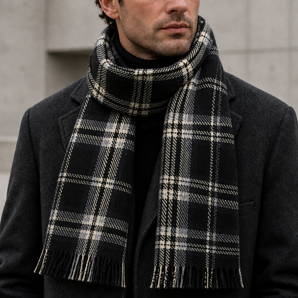 Grande Écharpe Homme à Carreaux Tartan et Franges coloris noir et blanc, portée par un homme