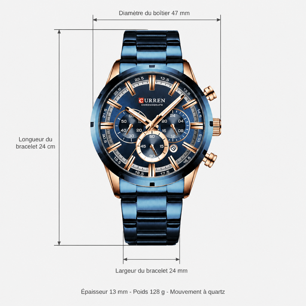 Schéma coté de la grosse montre homme : diamètre du boîtier, largeur et longueur du bracelet