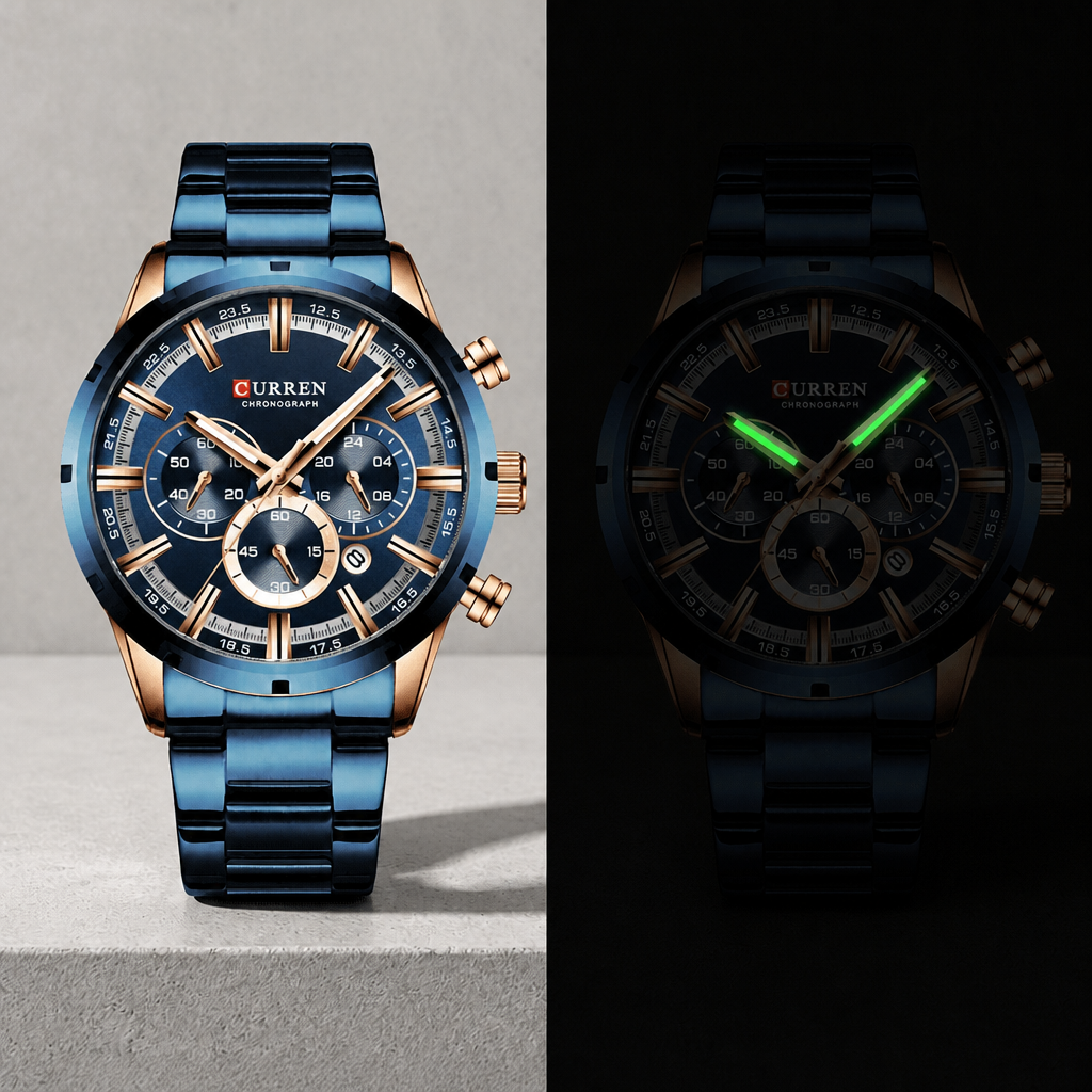 Grosse montre homme ronde chronographe de jour et de nuit, aiguilles des heures et des minutes fluorescentes