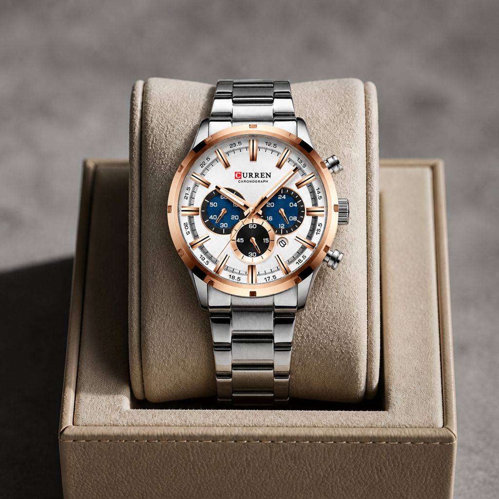 Montre homme à cadran blanc posée dans son écrin en cuir beige