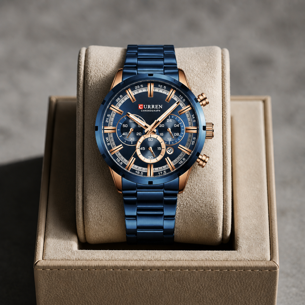 Montre homme bleue posée dans son écrin en cuir beige