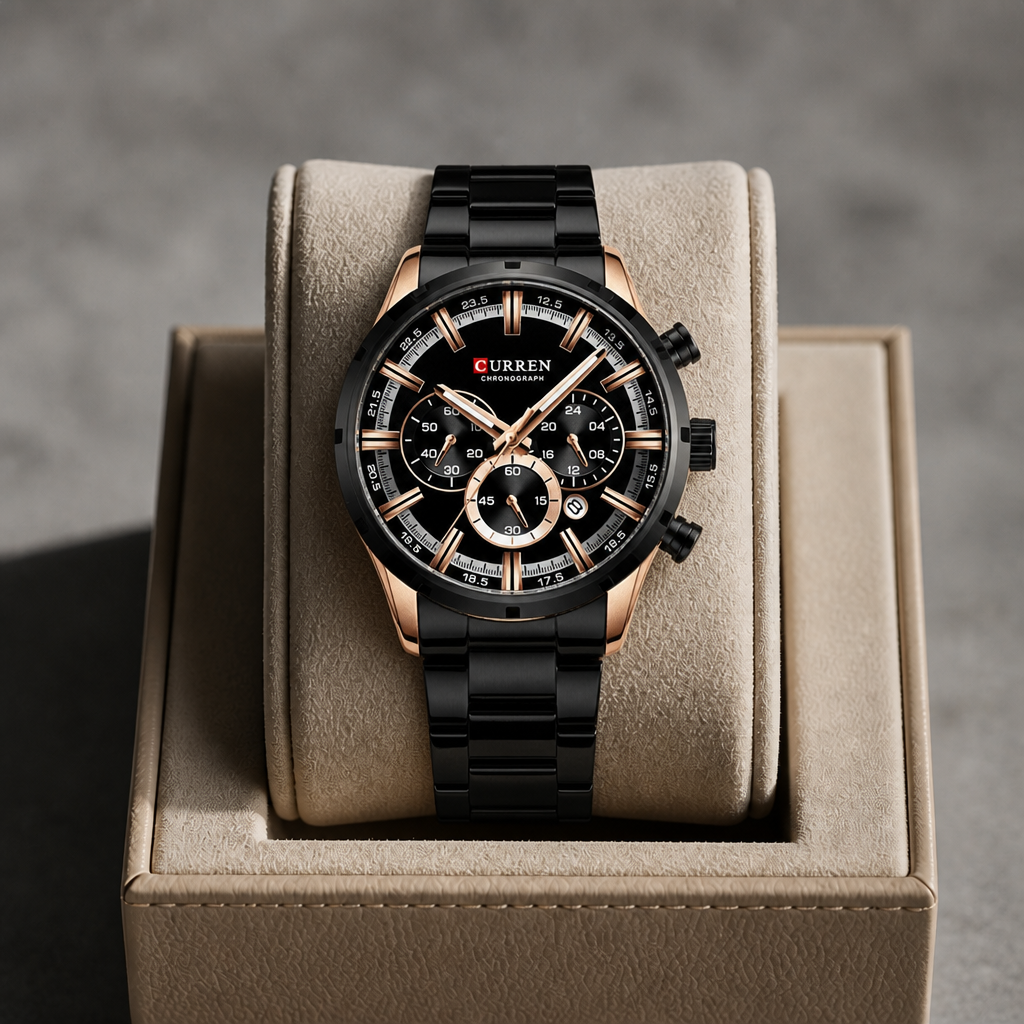 Montre homme noire posée dans son écrin en cuir beige