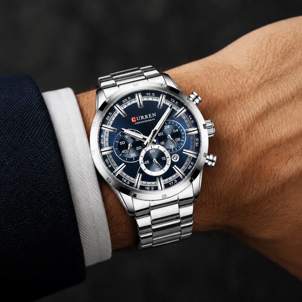Grosse montre homme ronde chronographe argent à cadran bleu portée au poignet