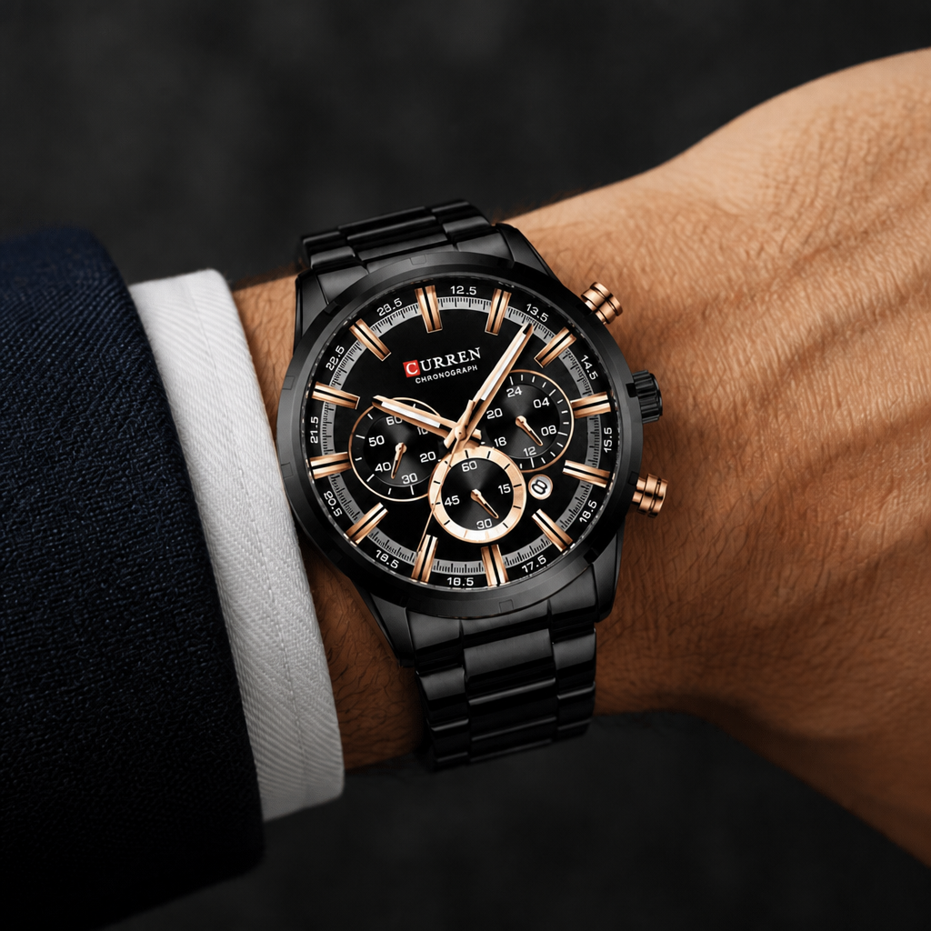 Grosse montre homme ronde chronographe noire portée au poignet